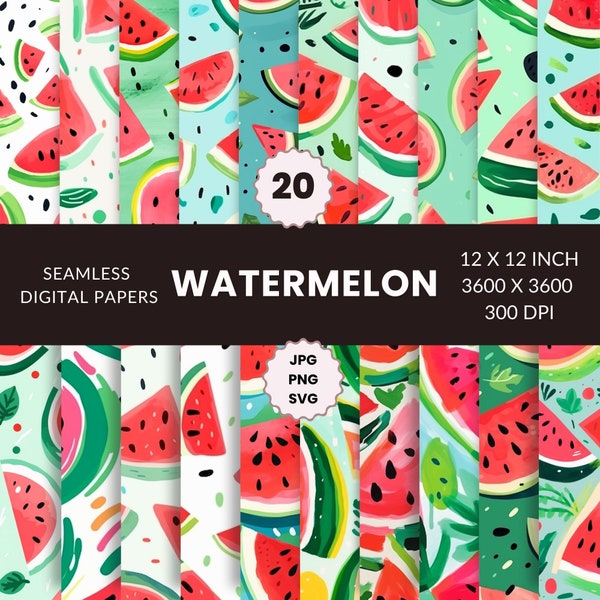 20 Watermelon Seamless Pattern, Digital Paper Pack, Fruit, Summer, Instant Download, Commercial Use, PNG, JPG, SVG