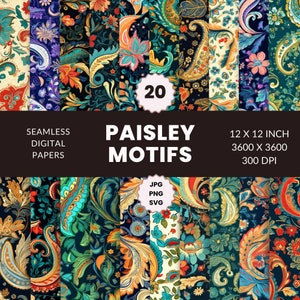 20 Paisley Motifs Seamless Leaves Pattern, Digital Paper Pack, Traditional Prints, Instant Download, Commercial Use, JPG, PNG, SVG