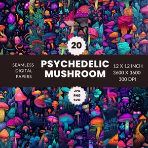 20 Padrão de cogumelo sem costura psicodélico, pacote de papel digital, luz negra psicodélica, download instantâneo, uso comercial, JPG, PNG, SVG