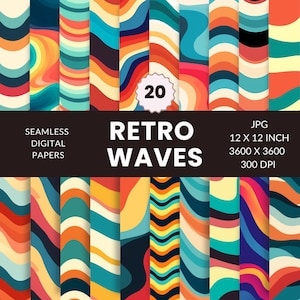 20 Retro Waves  Seamless Pattern, Digital Paper Pack, Retro Graphic, Vintage nostalgia, Instant Download, Commercial Use, JPG