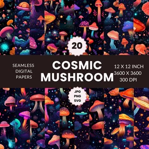 20 Padrão cósmico de cogumelo sem costura, pacote de papel digital, luz negra psicodélica, download instantâneo, uso comercial, JPG, PNG, SVG
