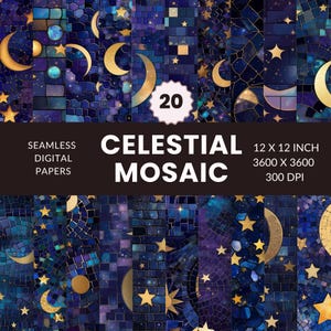 20 Celestial Mosaic Seamless Pattern, Digital Paper Pack, Kosmisk grafik, Astral, Omedelbar Nedladdning, Kommersiellt Bruk, JPG