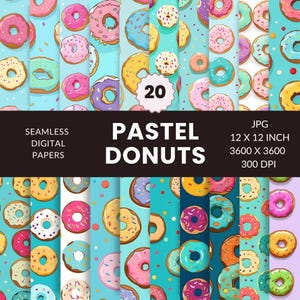 20 Pastel Donut Seamless Pattern, Digital Paper Pack, Dessert Illustrations, Bakery-Inspired, Instant Download, Commercial Use, JPG