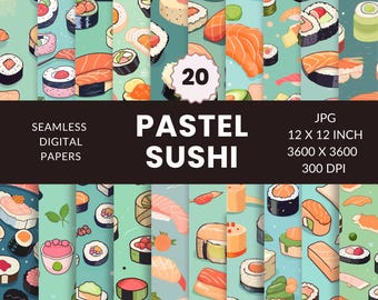 Pastel Sushi Seamless Pattern, Digital Paper Pack,  Textures, Instant Download, Commercial Use, JPG