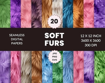 May include: 20 seamless digital papers featuring soft fur textures in various colors, including green, purple, pink, brown, white, blue, and orange. Each paper is 12 x 12 inches, 3600 x 3600 pixels, and 300 DPI. Available in JPG, PNG, and SVG formats.