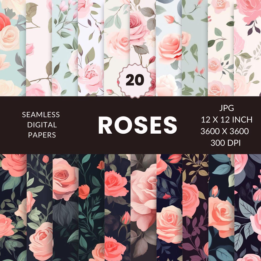 Pink Roses Pattern Paper 20 Roses Seamless Pattern, Digital Paper Pack, Flowers, Instant ...
