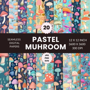 20 Padrão de cogumelo sem costura pastel, pacote de papel digital, inspirado na natureza, cogumelos florais, download instantâneo, uso comercial, JPG, PNG, SVG