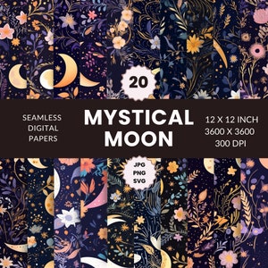 20 Mystical Moon Seamless Pattern, Digital Paper Pack, Lunar patterns, Moon graphic, Instant Download, Commercial Use, JPG, PNG, SVG