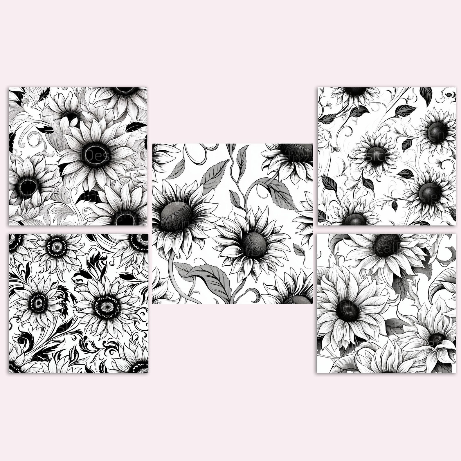20 Black and White Sunflowers Seamless Pattern, Digital Paper Pack ...
