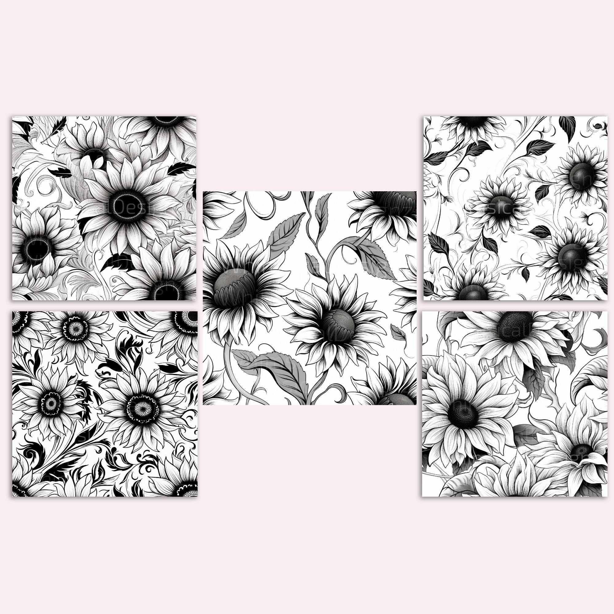 20 Black and White Sunflowers Seamless Pattern, Digital Paper Pack ...
