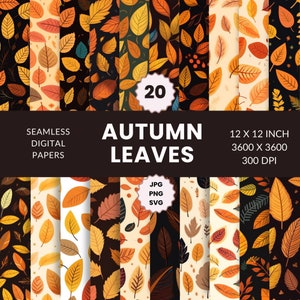 20 Autumn Leaves Seamless Leaves Pattern, Digital Paper Pack, Fall Foliage, Instant Download, Commercial Use, JPG, PNG, SVG