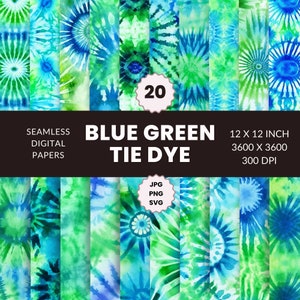 May include: 20 seamless digital papers featuring blue and green tie dye patterns. Each pattern is 12 x 12 inches, 3600 x 3600 pixels, and 300 DPI. The papers are available in JPG, PNG, and SVG formats.