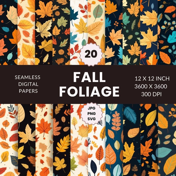 20 Fall Foliage Seamless Leaves Pattern, Digital Paper Pack, Autumn Leaves, Instant Download, Commercial Use, JPG, PNG, SVG