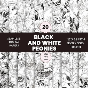 20 Black and White Peonies Seamless Pattern, Digital Paper Pack, Floral illustrations, Instant Download, Commercial Use, JPG, PNG, SVG