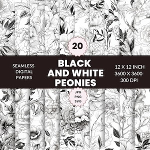 20 Patrón sin costuras de peonías blancas y negras, paquete de papel digital, ilustraciones florales, descarga instantánea, uso comercial, JPG, PNG, SVG
