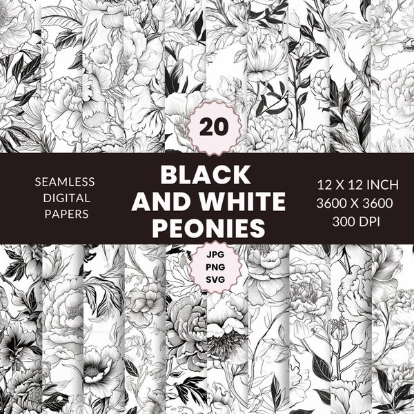 20 Black and White Peonies Seamless Pattern, Digital Paper Pack, Floral illustrations, Instant Download, Commercial Use, JPG, PNG, SVG