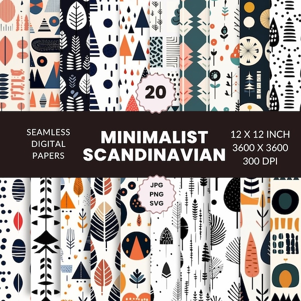 20 Minimalist Scandinavian Seamless Pattern, Digital Paper Pack, Minimalist, Nordic, Instant Download, Commercial Use, PNG, JPG, SVG