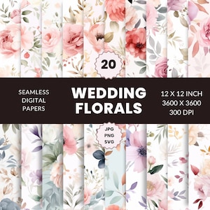 Padrão de folhas sem costura de 20 florais de casamento, pacote de papel digital, flores, download instantâneo, uso comercial, JPG, PNG, SVG