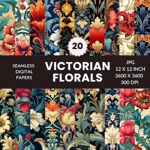 William Morris Floral Digital Wallpaper Patterns, Retro Antique Designs (Digital Paper Pack), JPG