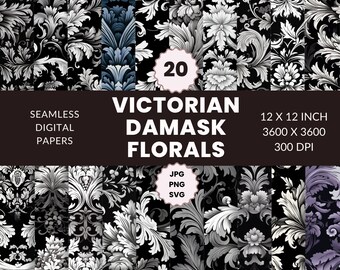 20 Victorian Damask with Florals Wallpaper Seamless Pattern, Digital Paper Pack, Antique, Historic, Instant Download, Commercial Use