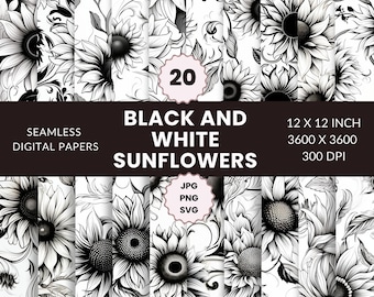 May include: A set of 20 digital papers featuring black and white sunflower illustrations. Each paper is 12 inches by 12 inches, 3600 pixels by 3600 pixels, and 300 DPI. The papers are available in JPG, PNG, and SVG formats.