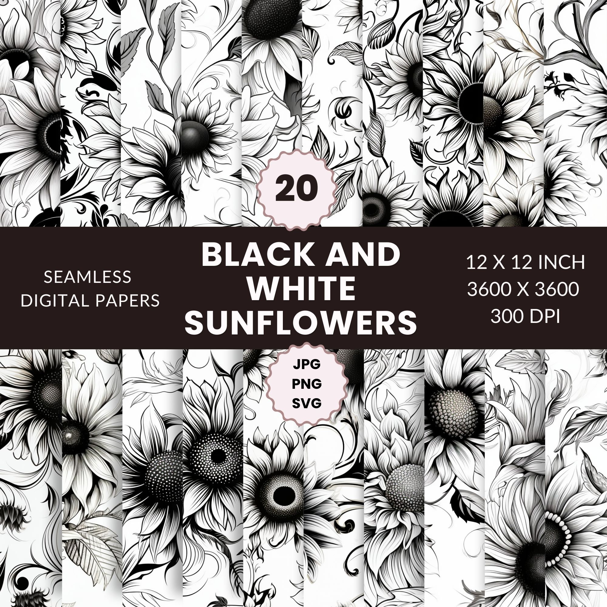 20 Black and White Sunflowers Seamless Pattern, Digital Paper Pack, Floral  Illustrations, Instant Download, Commercial Use, JPG, PNG, SVG - Etsy, image size:2000x2000