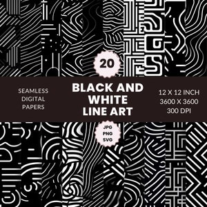 20 Black and White Line Art Seamless Pattern, Digital Paper Pack, Abstract minimalistic art, Instant Download, Commercial Use