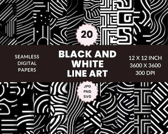 20 Black and White Line Art Seamless Pattern, Digital Paper Pack, Abstract minimalistic art, Instant Download, Commercial Use