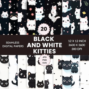 May include: A set of 20 digital papers featuring black and white kitty cat illustrations. The papers are 12x12 inches, 3600x3600 pixels, and 300 DPI. The papers are available in JPG, PNG, and SVG formats.