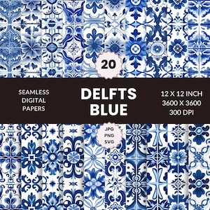 Könnte beinhalten: 20 digitale Papiere mit nahtlosen Mustern aus blauen und weißen Delft-Kacheln. Jedes Muster ist 12 x 12 Zoll groß, hat eine Auflösung von 3600 x 3600 Pixel und 300 DPI. Die Papiere sind in den Formaten JPG, PNG und SVG verfügbar.