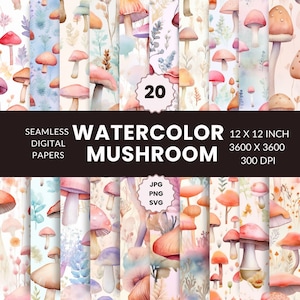 20 Modello di funghi senza giunte dell'acquerello, Pacchetto di carta digitale, Ispirato alla natura, Funghi floreali, Download istantaneo per uso commerciale JPG PNG, SVG