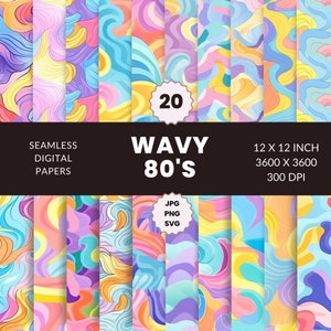 May include: 20 digital papers with wavy 80's style patterns in bright colors like pink, blue, yellow, and purple. Each paper is 12 x 12 inches, 3600 x 3600 pixels, and 300 DPI. The papers are available in JPG, PNG, and SVG formats.