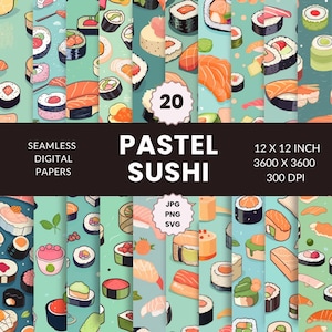 20 Patrón sin costuras Pastel Sushi, Paquete de papel digital, Texturas, Descarga instantánea, Uso comercial, JPG, SVG, PNG