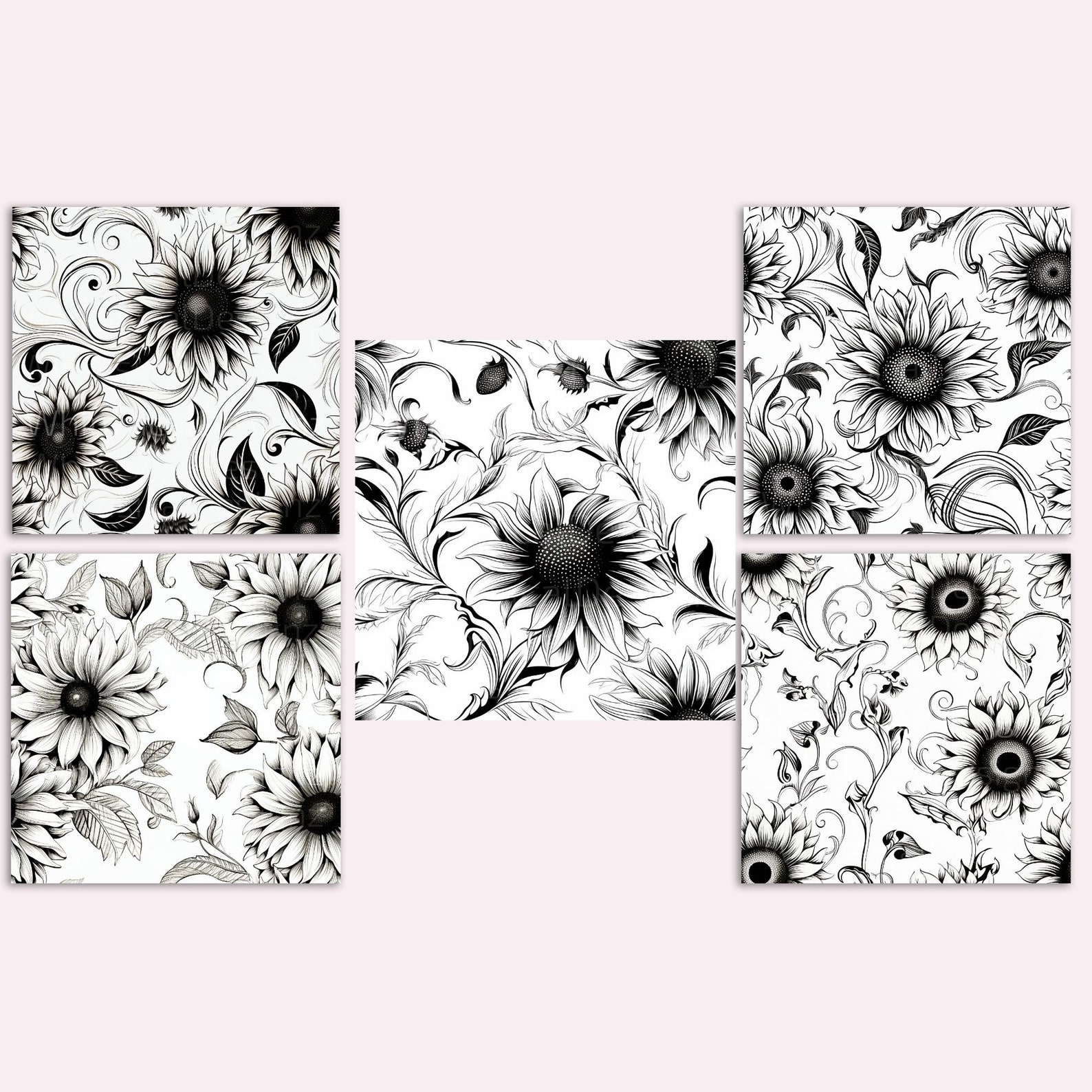 20 Black and White Sunflowers Seamless Pattern, Digital Paper Pack ...