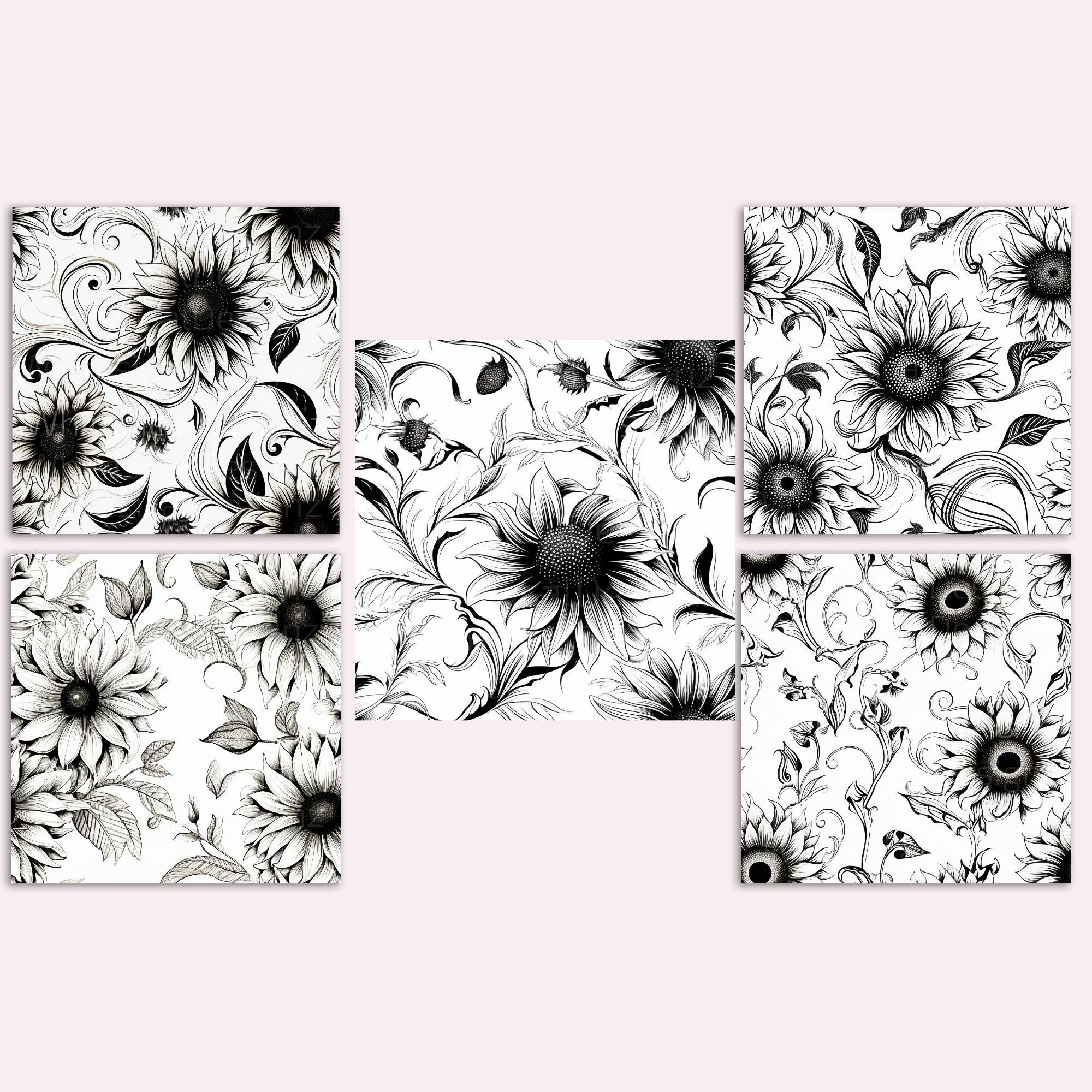 20 Black and White Sunflowers Seamless Pattern, Digital Paper Pack ...