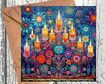 May include: A colorful card with a menorah made of candles surrounded by flowers. The candles are lit and the flowers are in shades of red, orange, yellow, blue, and green. The background is a dark blue.