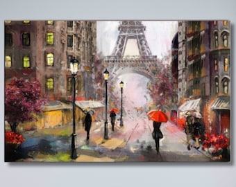 May include: A painting of a Parisian street scene with the Eiffel Tower in the background. People are walking under red umbrellas in the rain. The buildings are painted in shades of brown, yellow, and gray.
