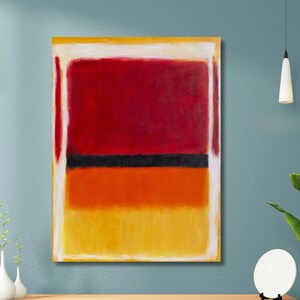 May include: Abstract painting with four horizontal bands of color. The top band is a deep red, the second is black, the third is orange, and the bottom band is yellow. The painting is framed in a white border.