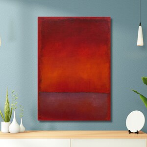 May include: Abstract painting with three horizontal bands of color. The top band is a deep red, the middle band is a lighter orange, and the bottom band is a dark purple.