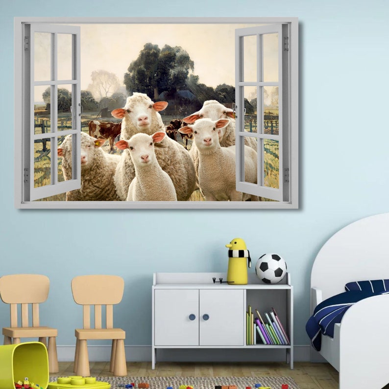 Sheep Window Display Sheep Window Scene Canvas Wall Art Window View Sheep Wall Hanging Decor ...