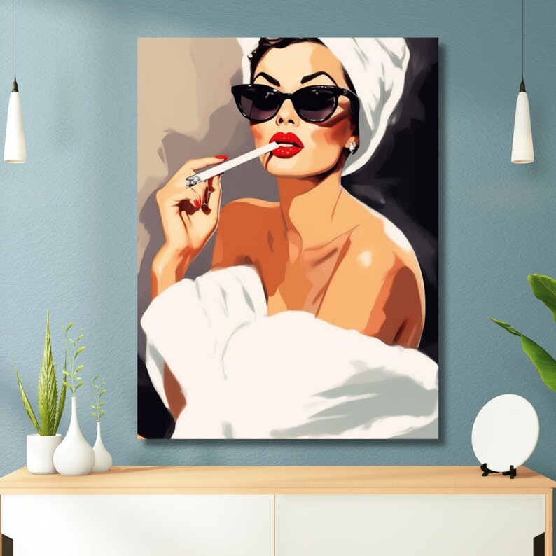 Woman With Cigarette Red Lips and Sun Glasses Canvas Wall Art Home ...
