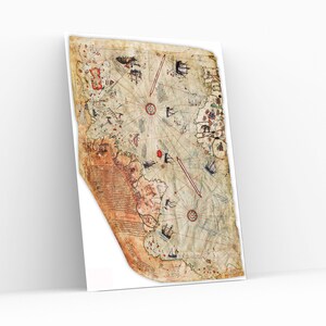 May include: An antique nautical chart, or map, of the Atlantic Ocean. The map is drawn on parchment paper and features handwritten text and illustrations of ships and islands. The map is faded and worn with age, giving it a vintage look.
