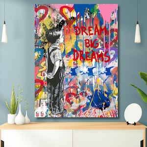 Banksy Big Dreams Graffiti Street Art Office-Home Decor Ready to Hang Inspirational Mural Quote Canvas Wall Art Painting Poster,Roll,Panel