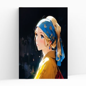 Cartoon Girl With Pearl Earring Canvas Wall Art Johannes Vermeer Famous Artwork Reproduction Aesthetic Decor Art Lovers Gift Giclée Print