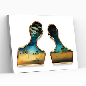 May include: Two surrealist paintings of human figures with landscapes inside their silhouettes. The landscapes are desert scenes with a giraffe in one and a rocky shore in the other. The paintings are framed in gold.