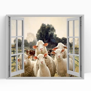 Puede incluir: Una vista de ventana de un campo con un grupo de ovejas blancas mirando a la cámara. Las ovejas están en un campo de hierba con una valla de madera y árboles en el fondo.