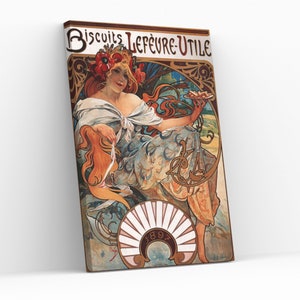 May include: A vintage art nouveau style canvas print featuring a woman with red hair and a floral headdress. The artwork includes the text "Biscuits Lefèvre-Utile" and "1895". The woman is holding a plate of biscuits.
