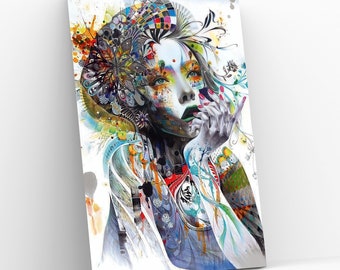 May include: Abstract digital art print featuring a colorful portrait of a woman with a butterfly design in her hair. The background is a mix of colorful swirls and patterns.