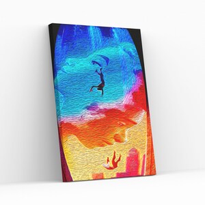 Puede incluir: Pintura abstracta con un fondo colorido de azul, morado, rojo, naranja y amarillo. Dos figuras est&aacute;n silueteados en la pintura, una cayendo de cabeza y la otra cayendo de pies.