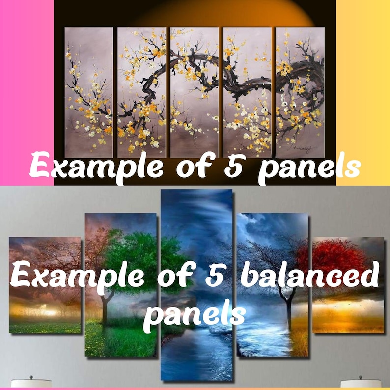 May include: Five-panel wall art featuring a blossoming tree with yellow flowers against a neutral background. Below, another five-panel set displays trees and landscapes with varied colors and scenes. Text reads "Example of 5 panels" and "Example of 5 balanced panels."